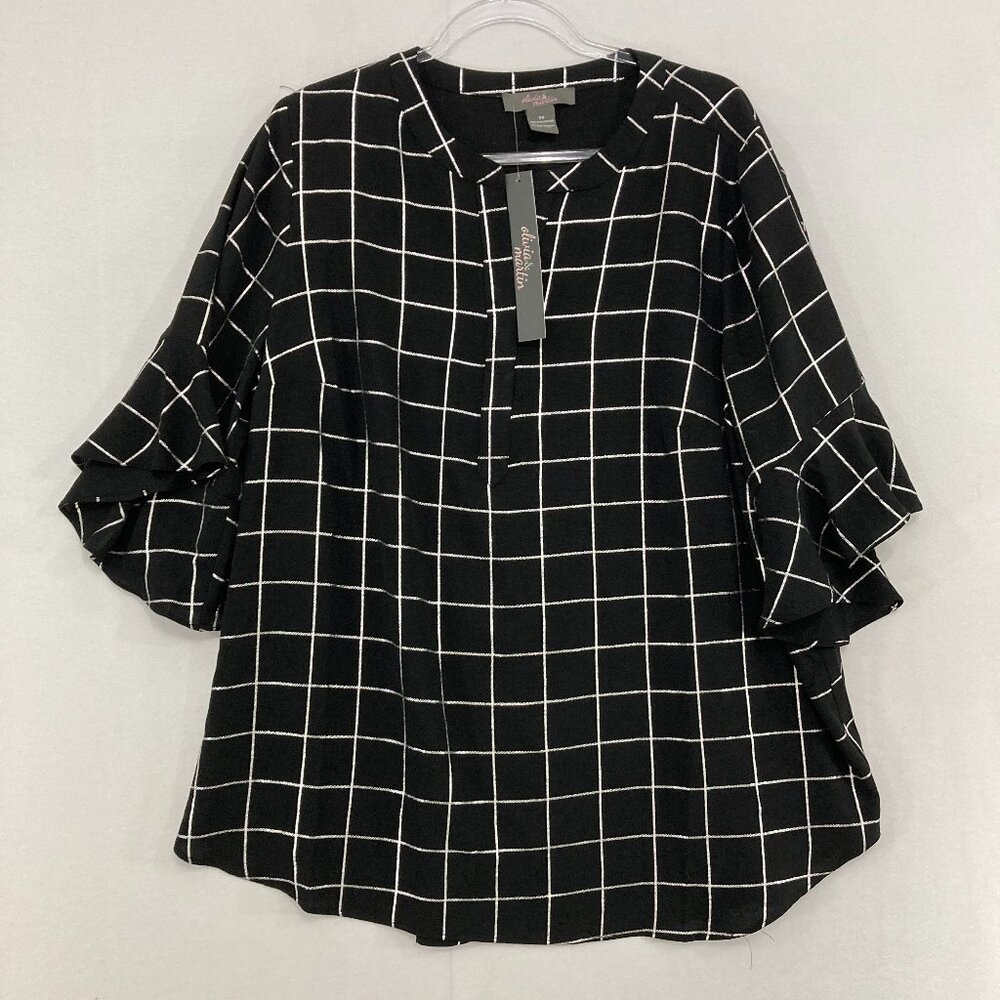New Olivia &‎ Martin Blouse sz 2X Black White Plaid Ruffle Sleeve Popover Office
